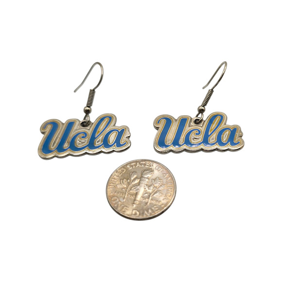 Pierced Earrings UCLA Bruins Blue Gold Enamel Script Logo Drop NCAA Fishhook - Picture 2 of 6